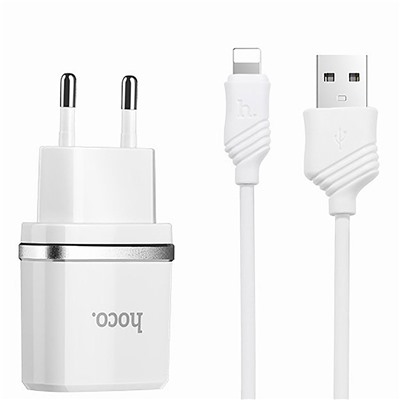 Адаптер Сетевой с кабелем Hoco C12 (повр. уп.) 2USB 2,4A/10W (USB/Lightning) (white)