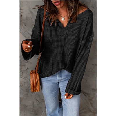 Black Waffle Knit Loose Long Sleeve Top