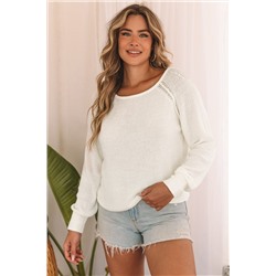 White Long Sleeve Cutout Shoulder Relaxed Sweater