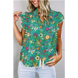 Green Lace Trim Flutter Sleeve Tropical Floral Blouse