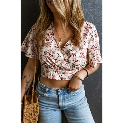 Pink Floral Print V Neck Wrapped Cropped Blouse