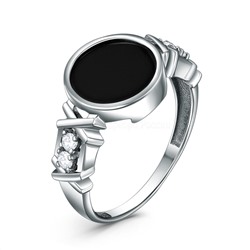 Кольцо из серебра с чёрным агатом и фианитами родированное