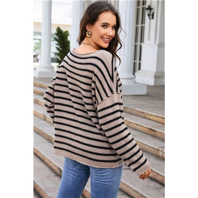 Striped Print Dropped Shoulder Loose Sleeve Sweater