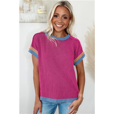 Bright Pink Textured Contrast Trim Round Neck T Shirt