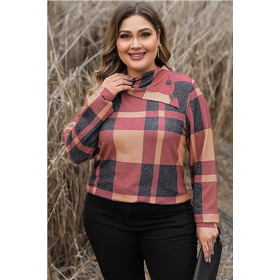 Mineral Red Plus Size Plaid Print Button Decor Asymmetric Neck Top