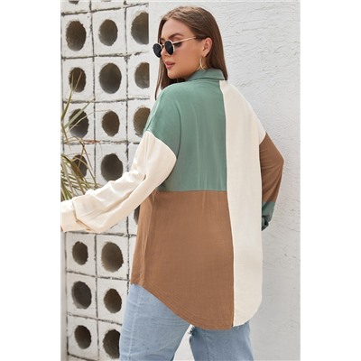 Green Colorblock Raw Edge Plus Size Shirt