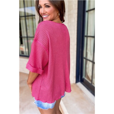 Strawberry Pink Textured Knit Split Neck Cuffed Short Sleeve Top