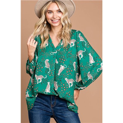 Green Printed Cheetah Print V Neck Flowy Blouse