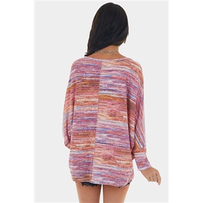 Multicolor Tie-dyed Boat Neck Dolman Sleeve Knit Top