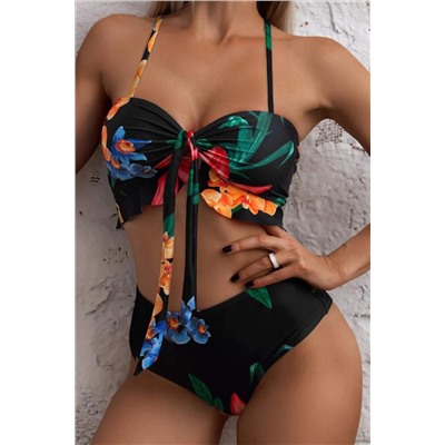 Black 3pcs Floral Twist Front Bikini with Cover-up Swimsuit