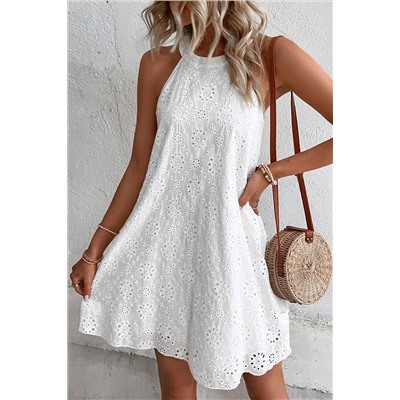 White Boho Eyelet Pattern Halter Neck Sleeveless Dress