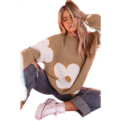 Camel Flower Pattern Slouchy Sweater