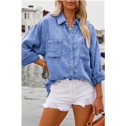 Sky Blue Mineral Wash Crinkle Textured Chest Pockets Shirt