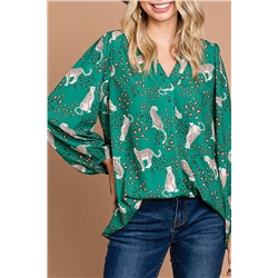 Green Printed Cheetah Print V Neck Flowy Blouse