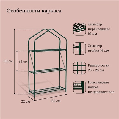 Парник-стеллаж, 3 полки, 110 × 65 × 22 см, металлический каркас d = 16 мм, чехол плёнка 100 мкм