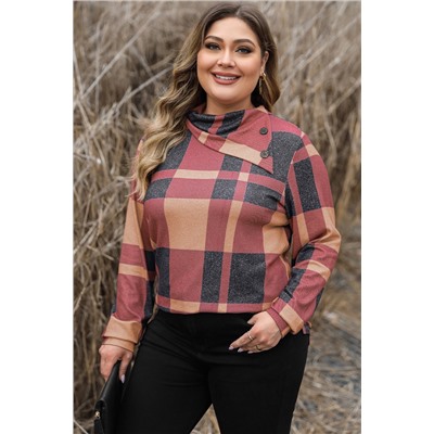 Mineral Red Plus Size Plaid Print Button Decor Asymmetric Neck Top