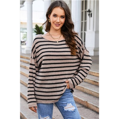 Striped Print Dropped Shoulder Loose Sleeve Sweater