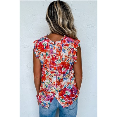 Red Frilled Neck Pleated Boho Floral Tank Top