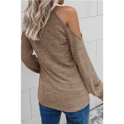 Khaki Marble Knit Cold Shoulder Long Sleeve Top