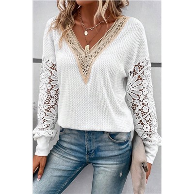 White Lace Splicing V Neck Puff Sleeve Top