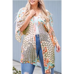 Green Floral Mixed Print Open Front Plus Kimono