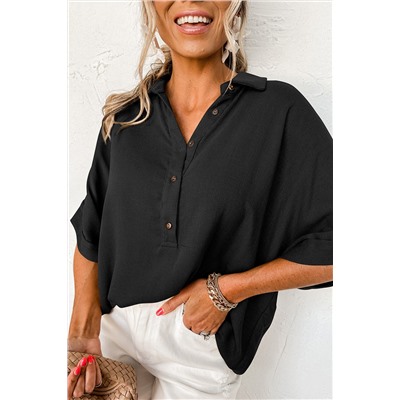 Black Collared Half Buttons Folded Short Sleeve Oversize Top