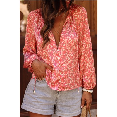 Pink Bubble Sleeve Floral Shirt with Lace up