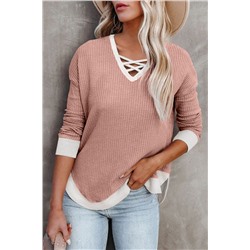 Pink Contrast Trim Strappy Neck Long Sleeve Top