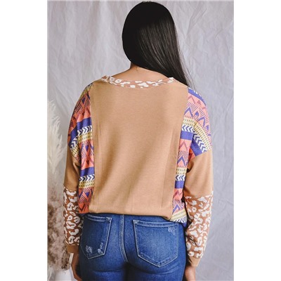 Multicolor Western Print Patchwork Long Sleeve Tee