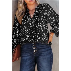 Black Plus Size Floral Print Ruched Split Neck Blouse