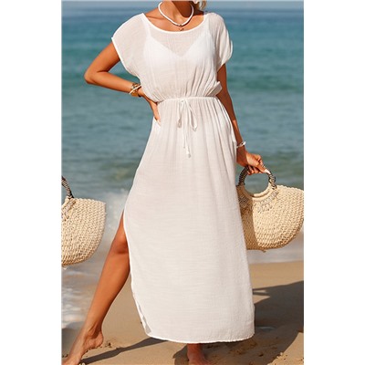 White Flowy Drawstring Side Slit Beach Dress