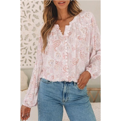 Pink Paisley Print Buttons Bubble Sleeve Blouse