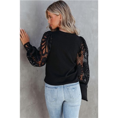 Black Crochet Sleeve Crew Neck Blouse