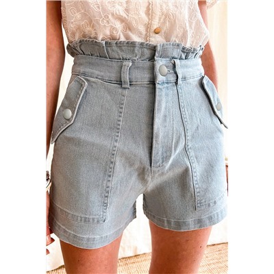 Beau Blue Ruffled High Waist Flap Pockets Denim Shorts