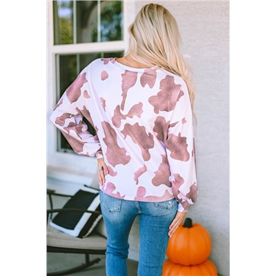 Brown Cow Spots Print Drop Shoulder Puff Sleeve Sweatshirt