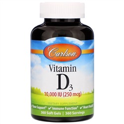 Carlson Labs, витамин D3, 10000 МЕ (250 мкг), 360 мягких таблеток