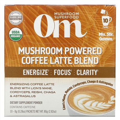 Om Mushrooms, Mushroom Powered Coffee Latte Blend, 10 Packets, 0.28 oz (8 g) Each