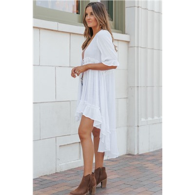 White Half Sleeve Ruffled High Low Kimono