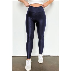 Navy Blue Crossed Dip Waist Sleek Leather Leggings