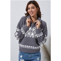 Gray Western Geometric Printed Quarter Zip Pullover Sweater