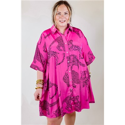 Rose Cheetah Print Half Sleeve Buttoned Plus Size Mini Dress