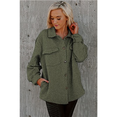 Green Retro Quilted Flap Pocket Button Shacket