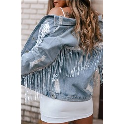 Sky Blue Sequin Embellished Fringe Distressed Denim Jacket