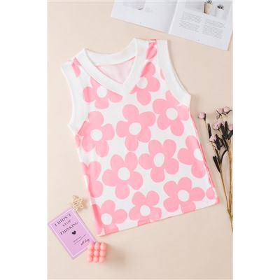 Pink Cute Flower Knitted V Neck Tank Top