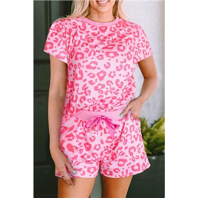 Pink Leopard Print Tee and Satin Tie Shorts Lounge Set