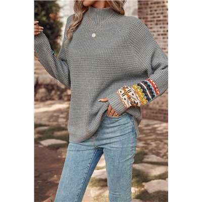 Gray Tribal Patch Raglan Sleeve High Neck Sweater