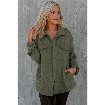 Green Retro Quilted Flap Pocket Button Shacket