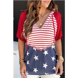 Fiery Red Stars and Stripes Print Drawstring Hooded T Shirt