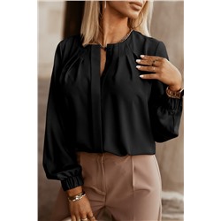 Black Crew Neck Gathered Stretch Cuff Shirt