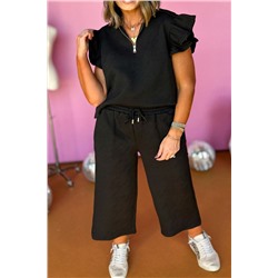 Black Plus Ruffled Sleeve Quarter Zip Top Wide Leg Pants Set